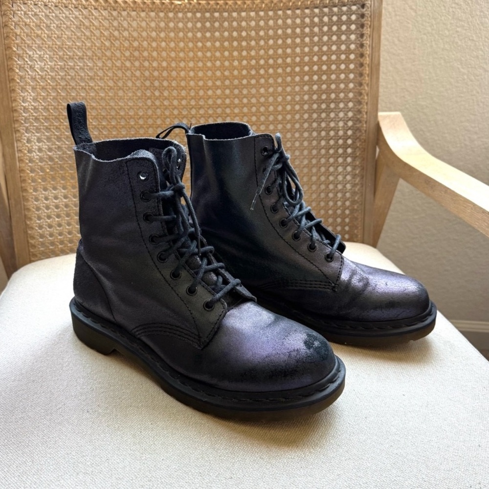 Dr Martens Pascal Black Shimmery Leather Lace
Up Moto Combat Boots Women's 10